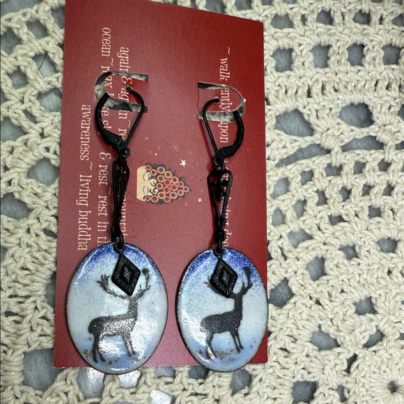 Deer antler with blue and white beads. Edged with gold  Blue and White black enameled Deer Earrings